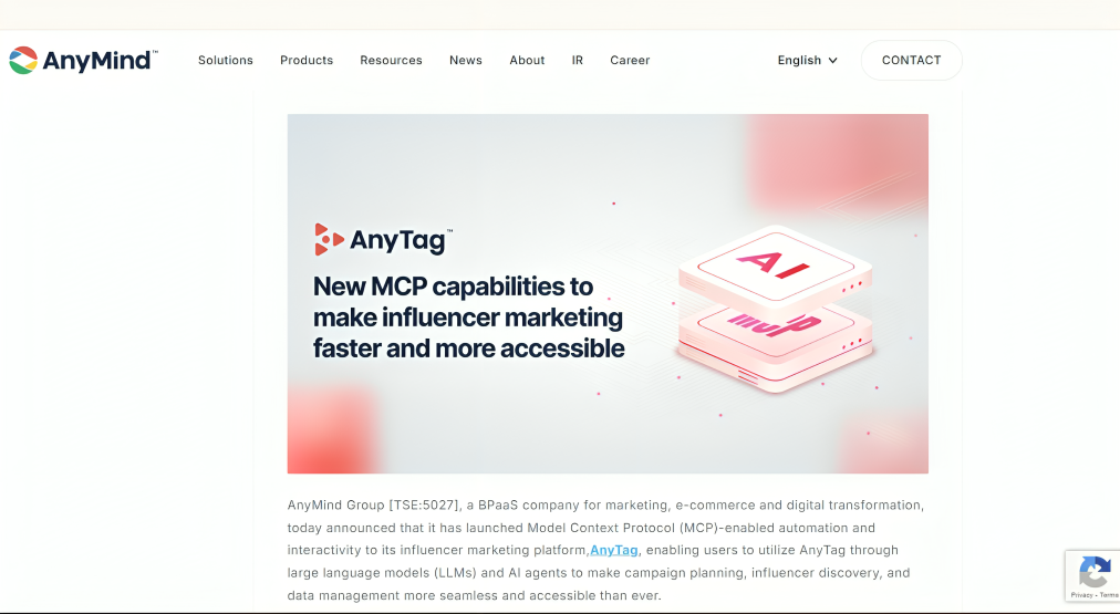 AnyMind Group integrates Model Context Protocol (MCP) into its influencer marketing platform, AnyTag 