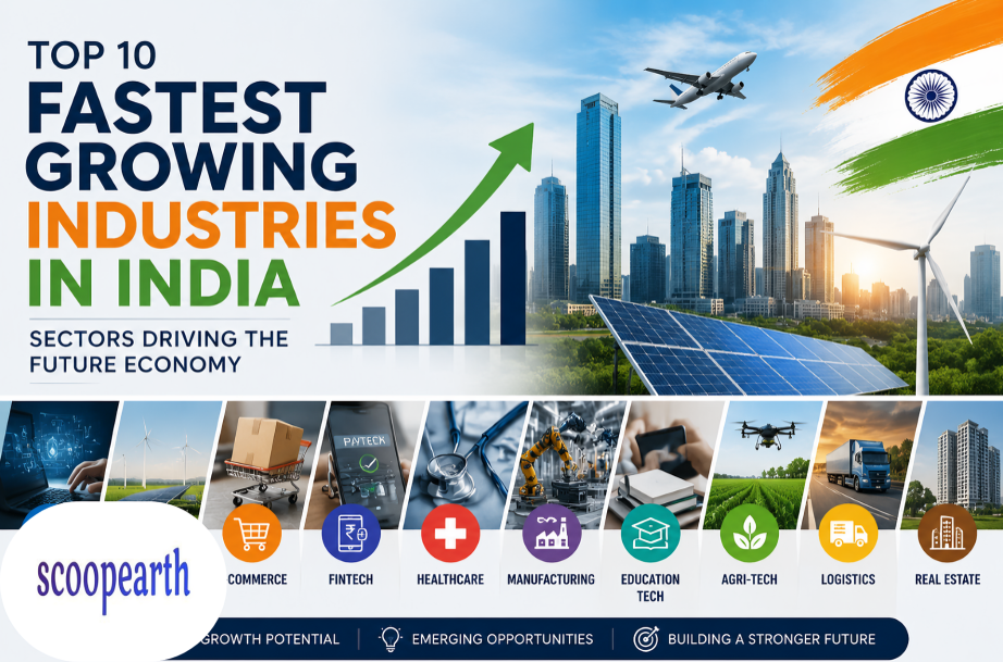 Fastest Growing Industries in India 2026 including technology, renewable energy, fintech, healthcare, and manufacturing sectors driving economic growth.
