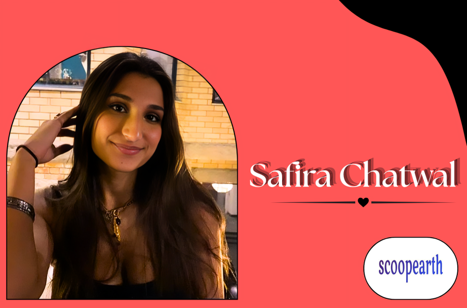 Safira Chatwal posing with her parents and younger brother in a family portrait.