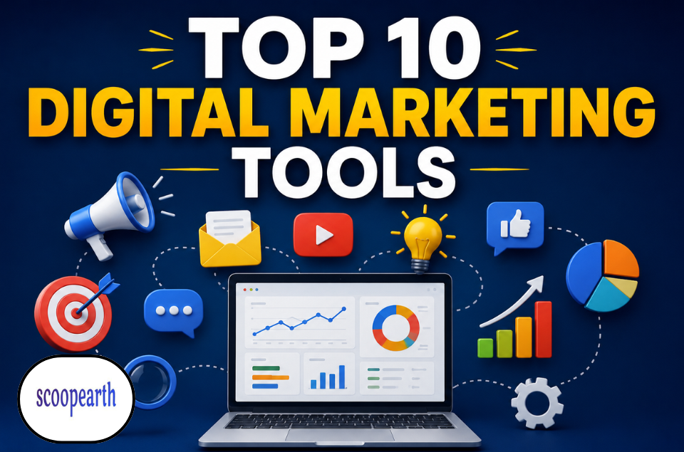 Top 10 digital marketing tools collage with icons of leading software platforms