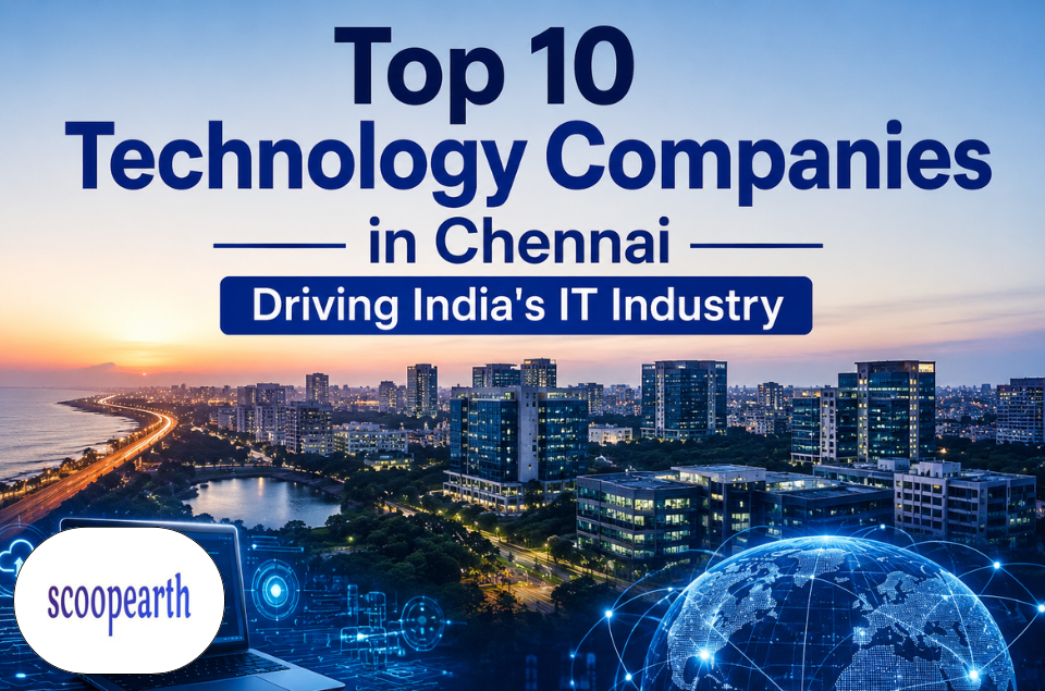 Top 10 technology companies in Chennai featuring leading IT firms, software development, AI, cloud computing, cybersecurity, digital transformation, and innovation in India's technology industry.