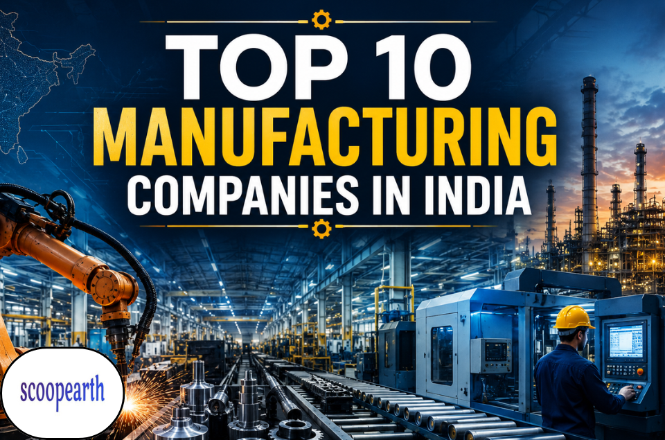 Top 10 manufacturing companies in India showcasing leading industrial firms across automobiles, engineering, steel, cement, chemicals, electronics, and advanced manufacturing sectors.