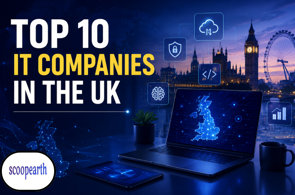 Illustration representing the top 10 IT companies in the UK, featuring cloud computing, AI, cybersecurity, software development, and digital technology elements.