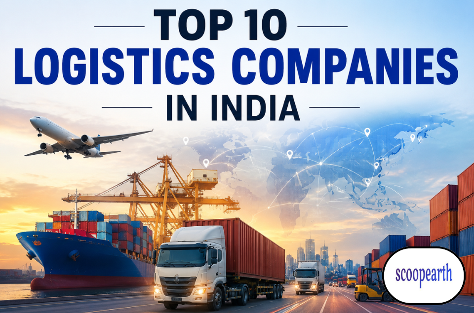 Top 10 logistics companies in India featuring transportation, delivery trucks, warehouses, supply chain, and logistics technology.