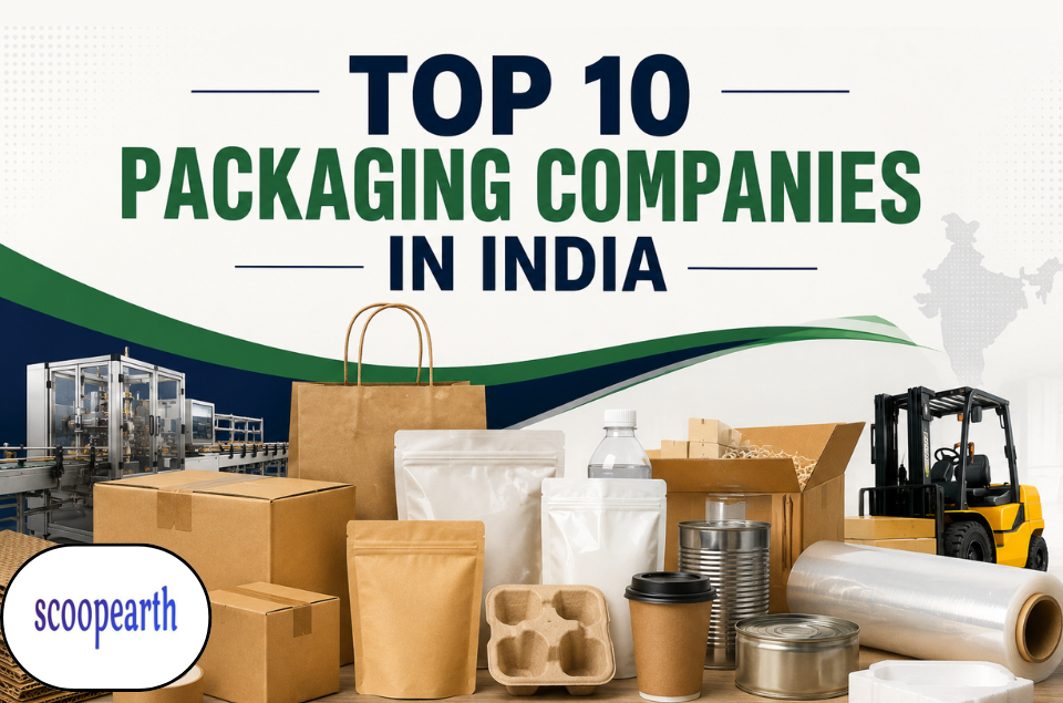 Top 10 packaging companies in India featuring modern packaging, cardboard boxes, sustainable materials, industrial packaging, and logistics elements.
