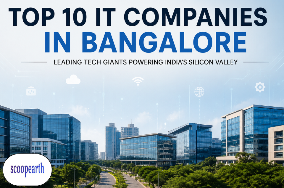 Top 10 IT companies in Bangalore showcasing modern office buildings, software development, AI, cloud computing, and India's leading technology ecosystem.