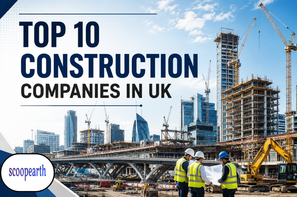 Top 10 Construction Companies in the UK featuring modern infrastructure, high-rise buildings, cranes, and engineering projects without company logos.