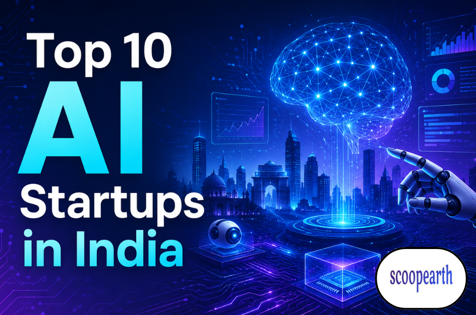 Top 10 AI Startups in India featuring futuristic artificial intelligence technology, machine learning, robotics, data analytics, and digital innovation without company logos.